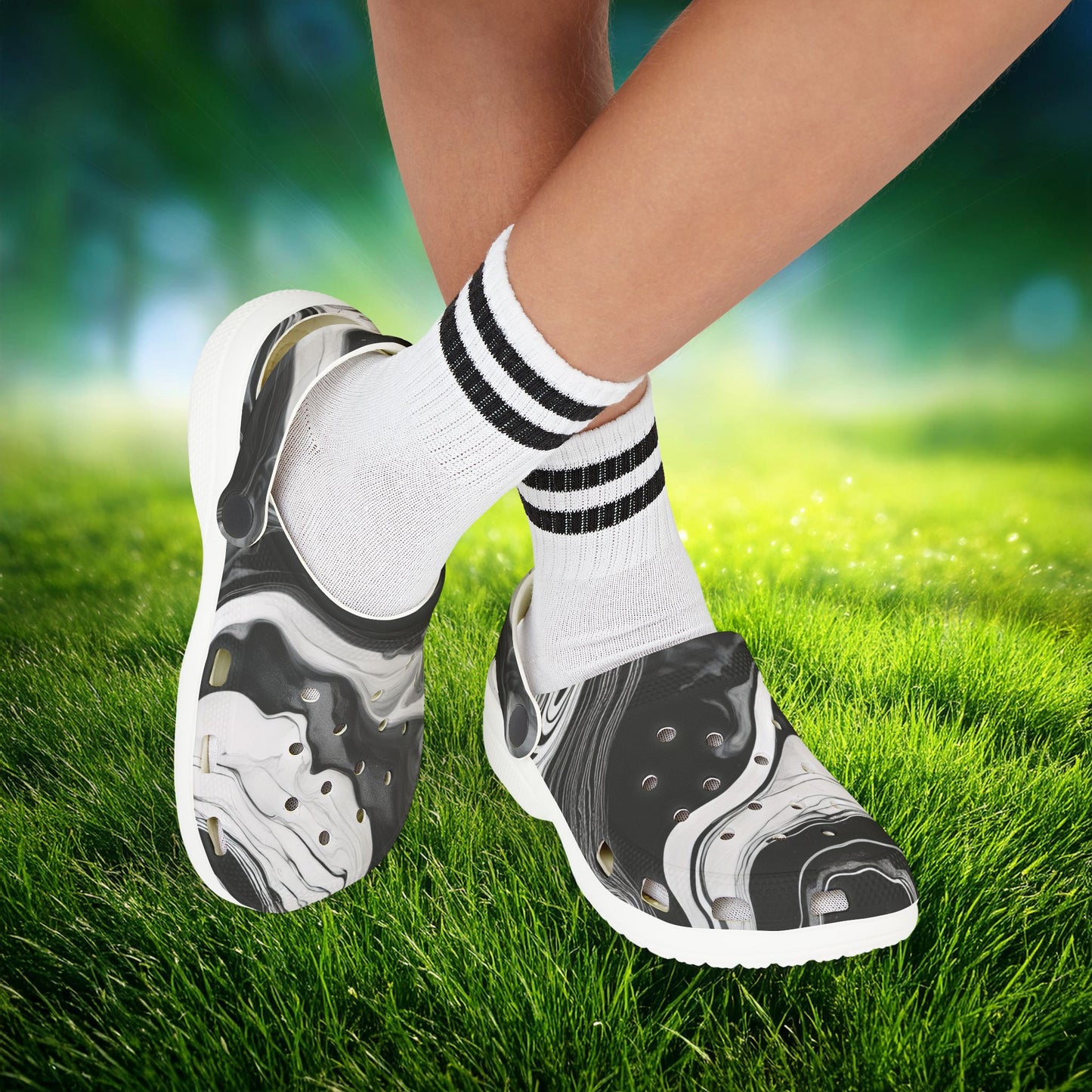Black and White Marble Pattern Kid's Foam Clogs