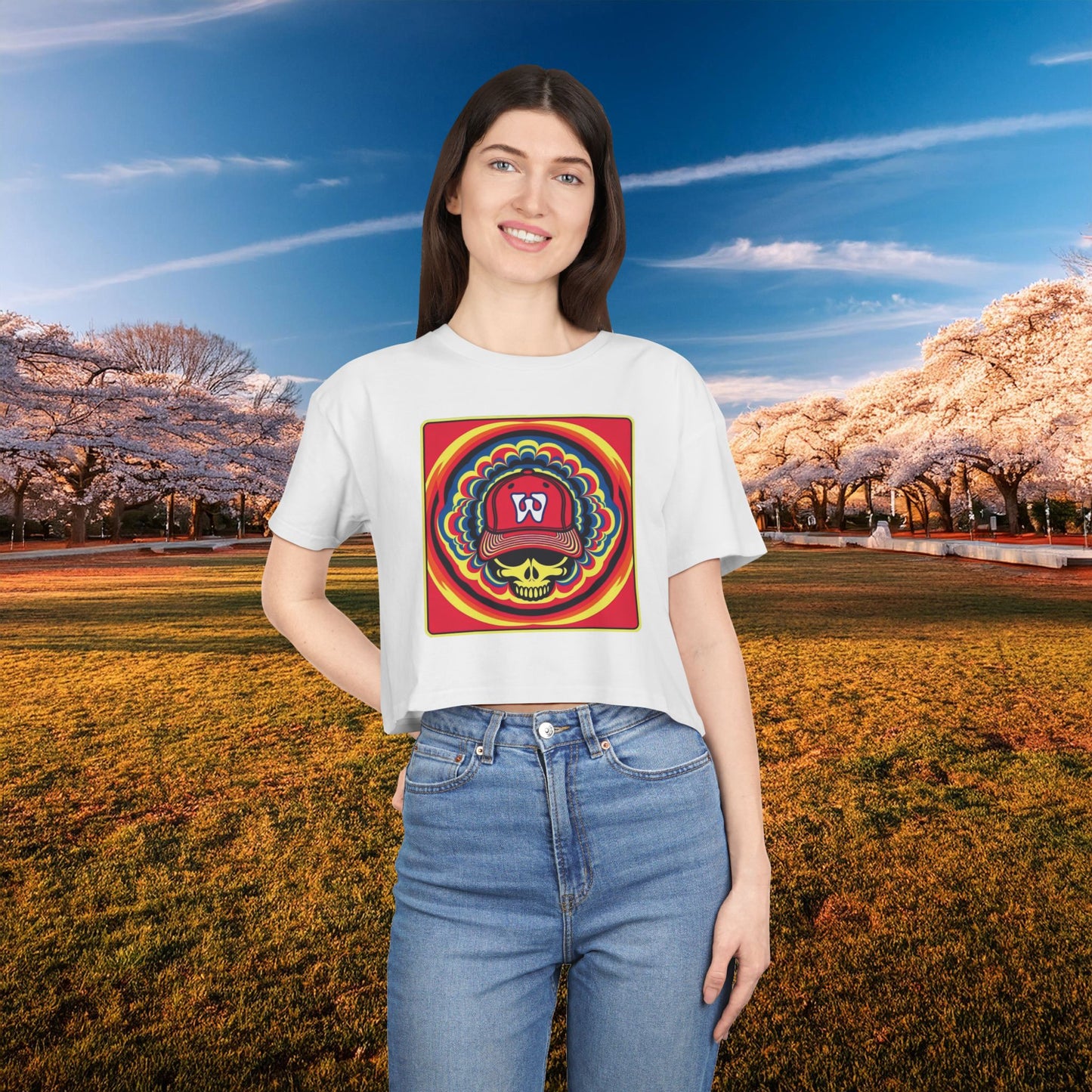 Psychedelic Funky W Skull Women's Crop Tee