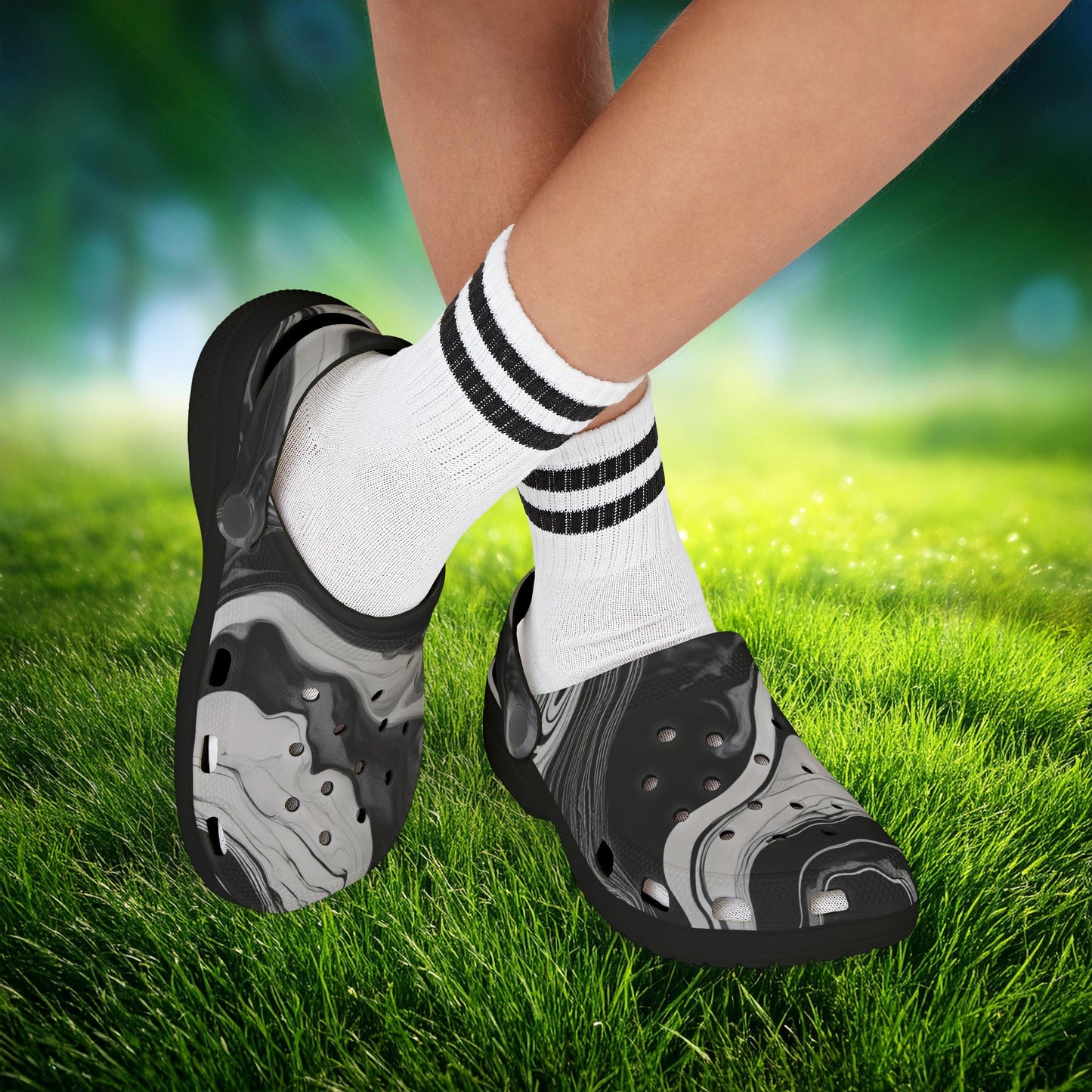 Black and White Marble Pattern Kid's Foam Clogs