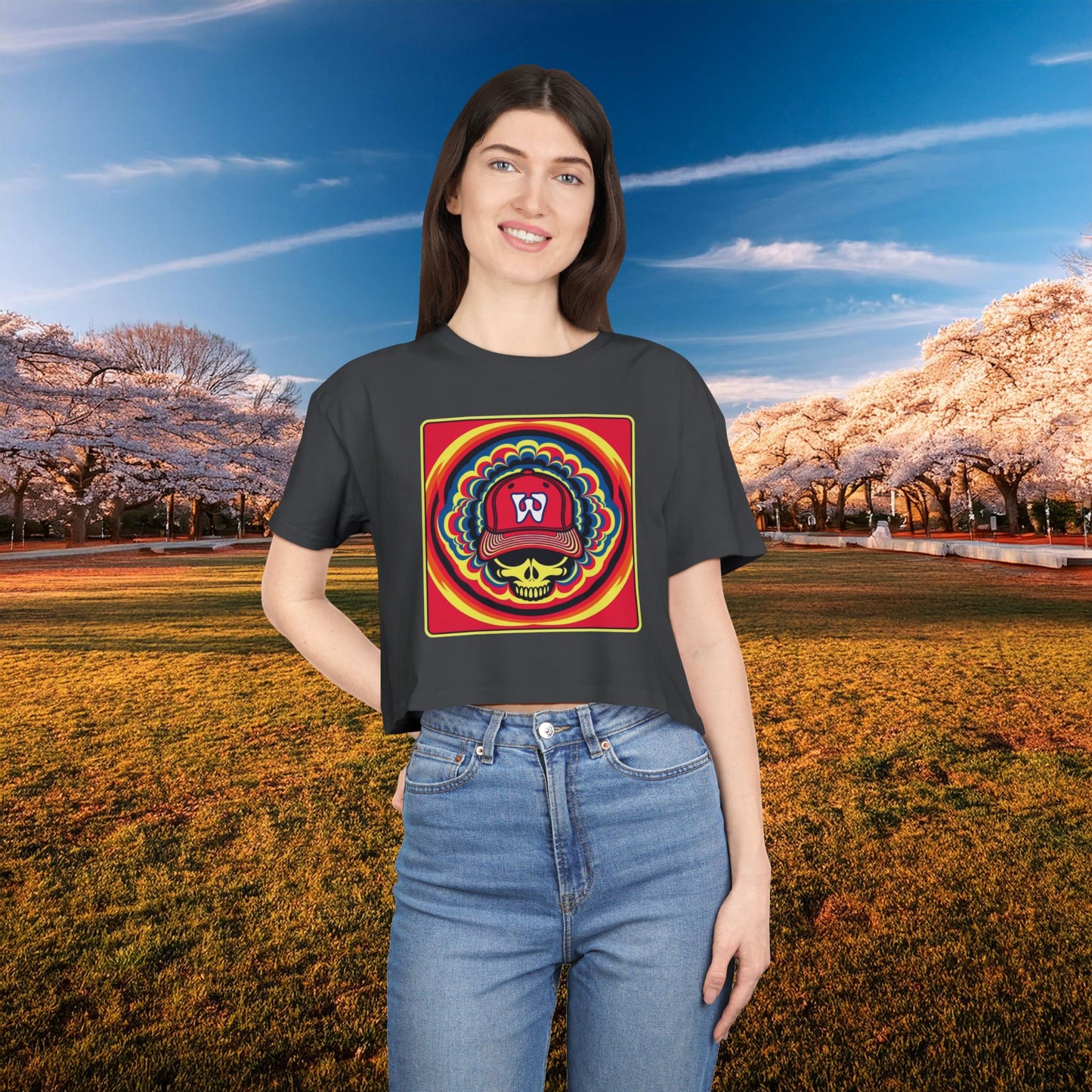 Psychedelic Funky W Skull Women's Crop Tee