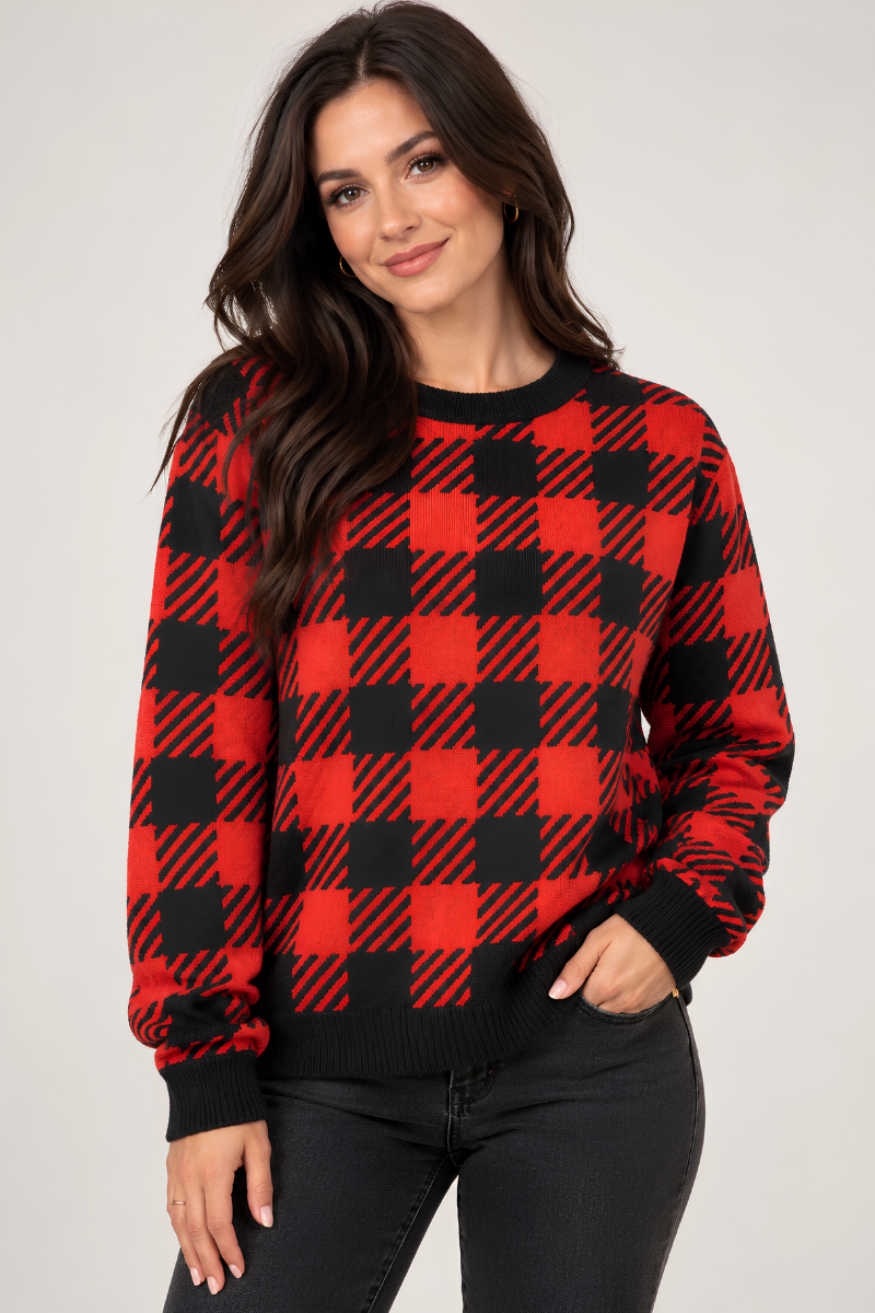 Buffalo Plaid Knitted crew neck sweater