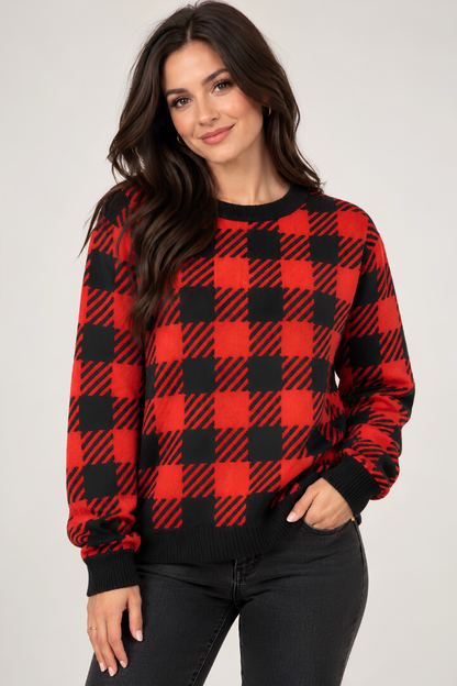 Buffalo Plaid Knitted crew neck sweater