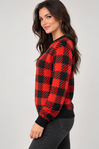 Buffalo Plaid Knitted crew neck sweater