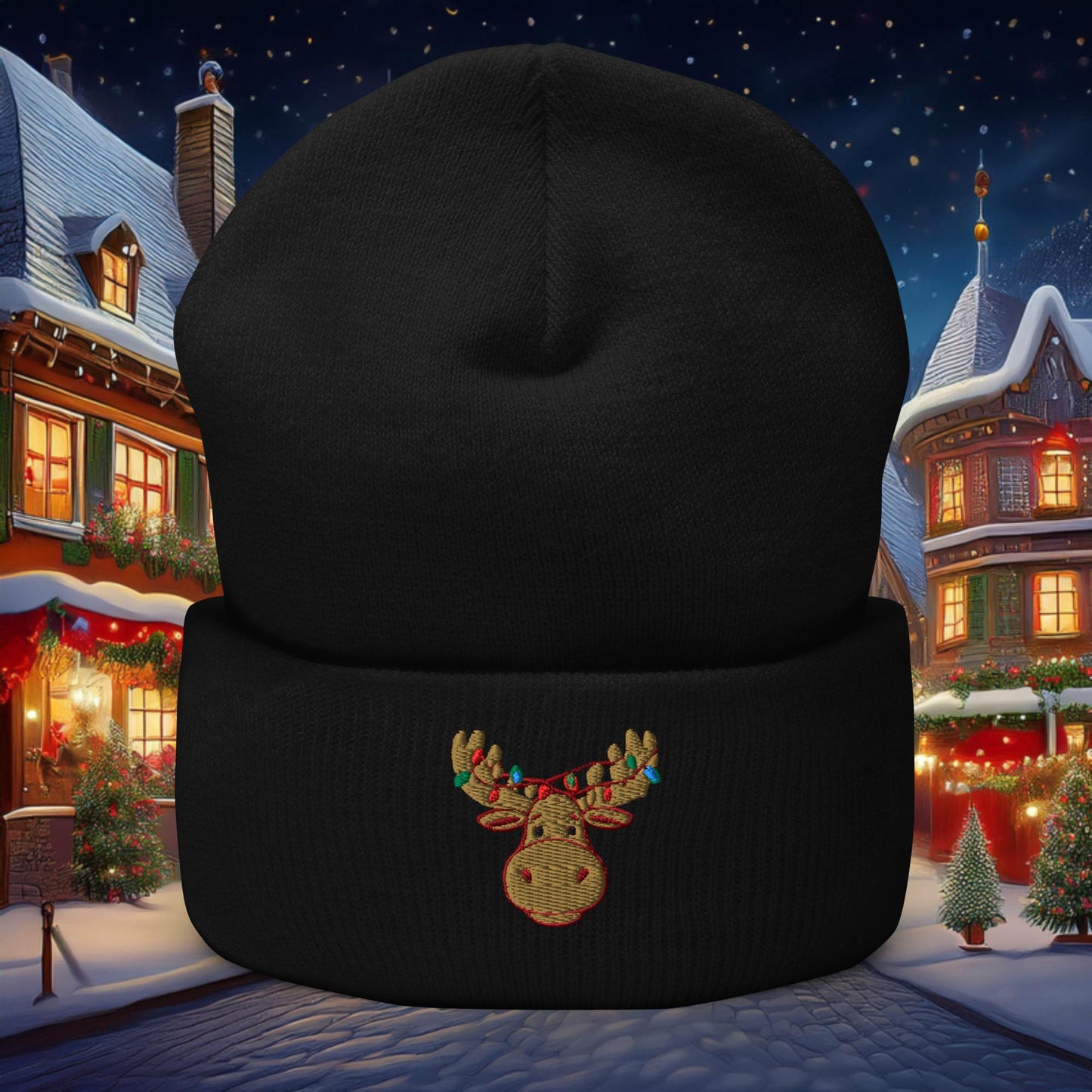 Festive Moose Cuffed Beanie