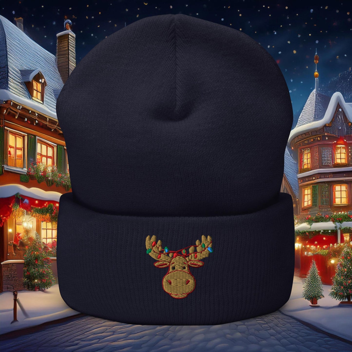 Festive Moose Cuffed Beanie